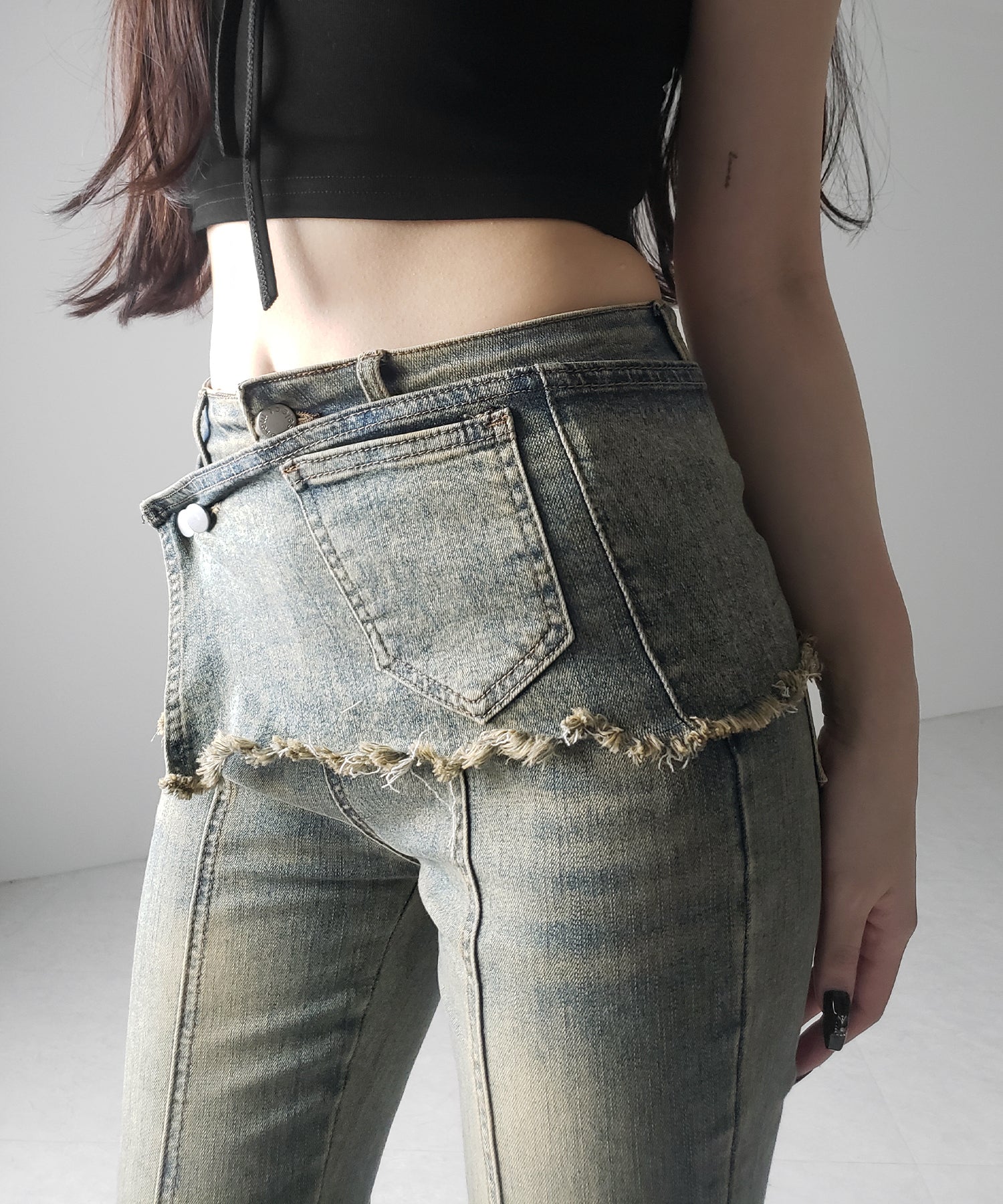 【 2color / 4size 】ストラップリボンヴィンテージストレッチフレアデニム / strap ribbon vintage stretch flare denim