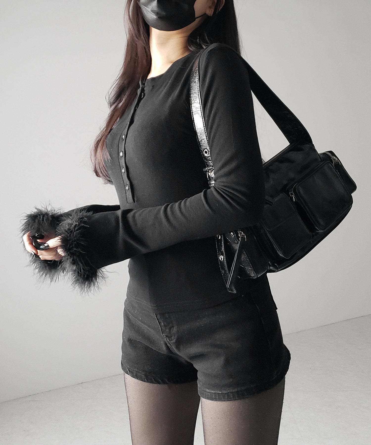 【 2color 】ファースリーブヘンリーネックリブトップス / fur sleeve henley neck lib tops