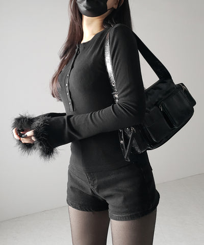 【 2color 】ファースリーブヘンリーネックリブトップス / fur sleeve henley neck lib tops