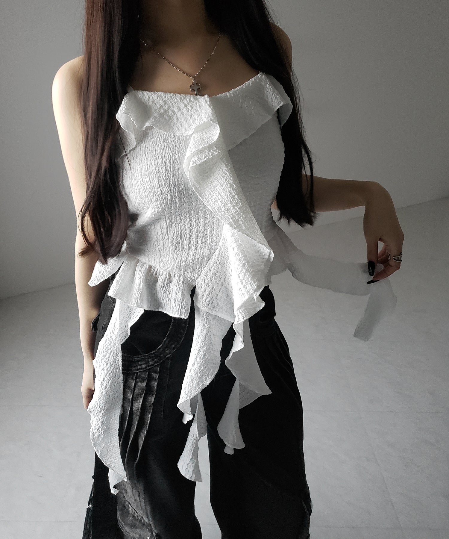 ラッフルフリルレイヤードビスチェキャミソール / ruffle frill layered bustier camisole