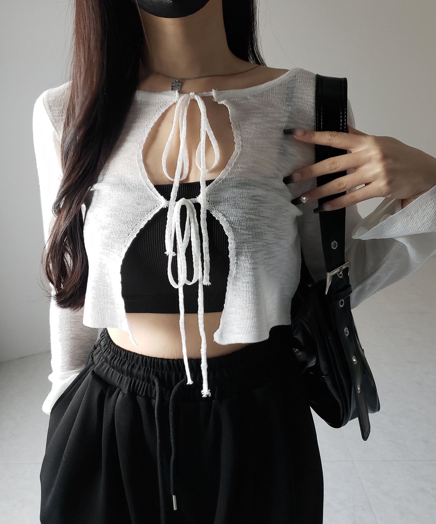 ダブルリボンシアーニットショートカーディガン / double ribbon sheer knit short cardigan
