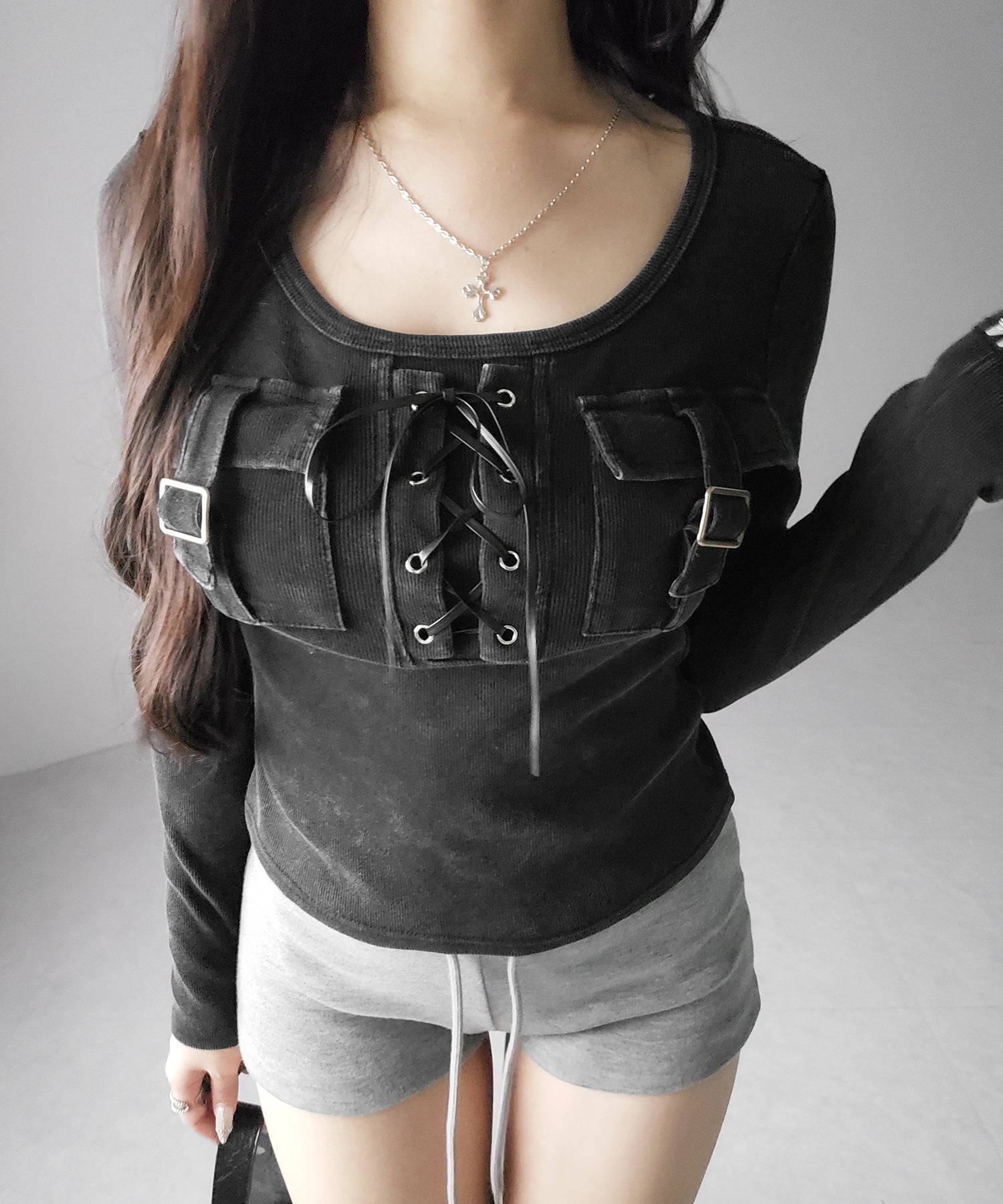 ヴィンテージレースアップアウトポケットスクエアリブロンT / vintage laceup outpocket square lib long slleve T-shirts