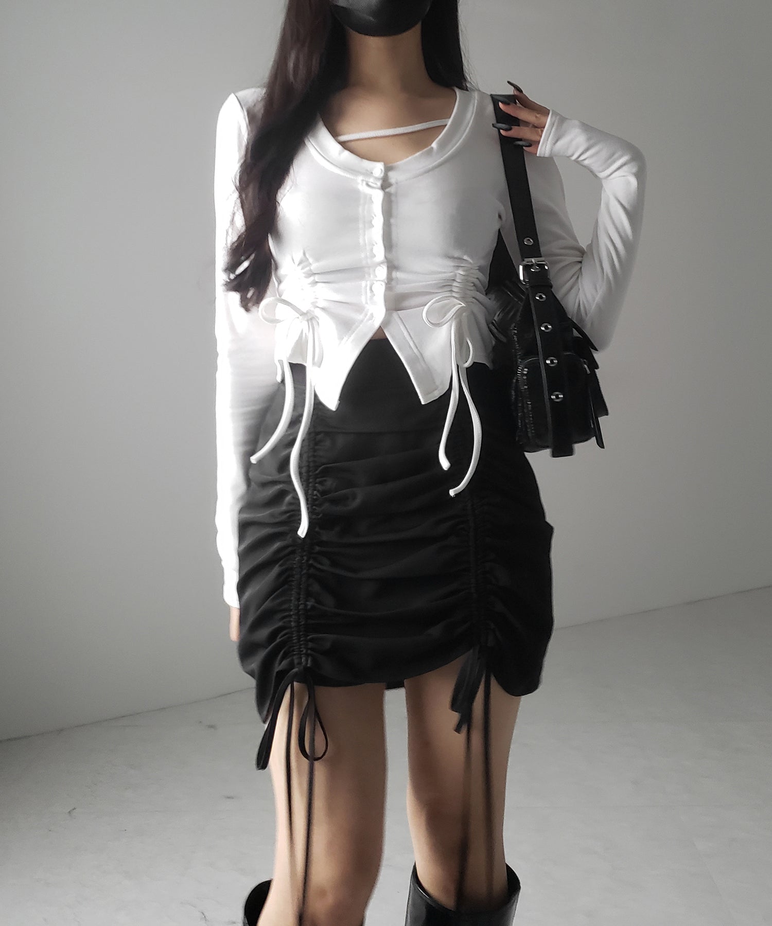 【 2color / 裏起毛 】ナナメストラップダブルシャーリングリボントップス / naname strap double shirring ribbon tops