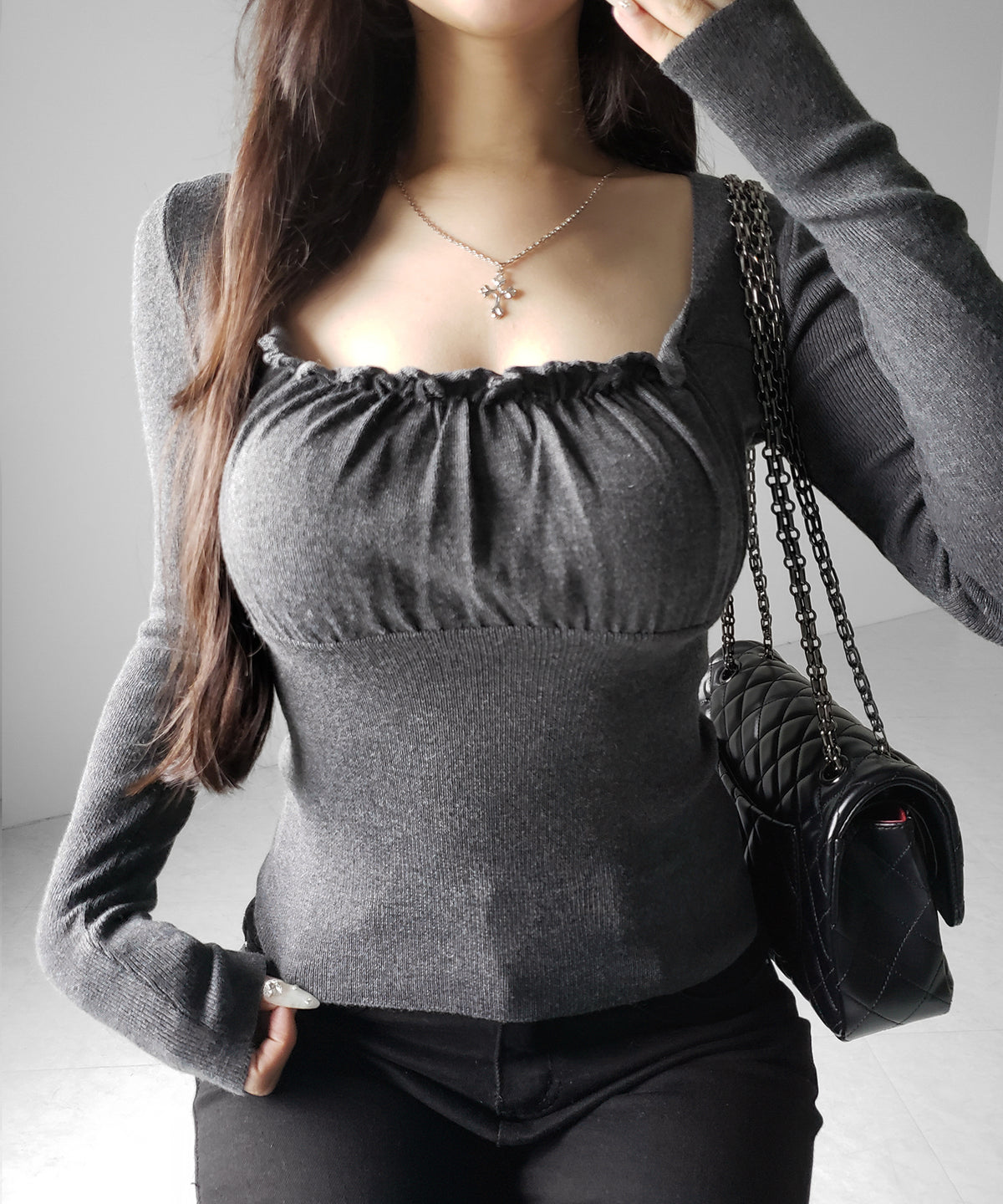 フリルギャザースクエアネック長袖ニットトップス / frill gather square neck longsleeve knit tops