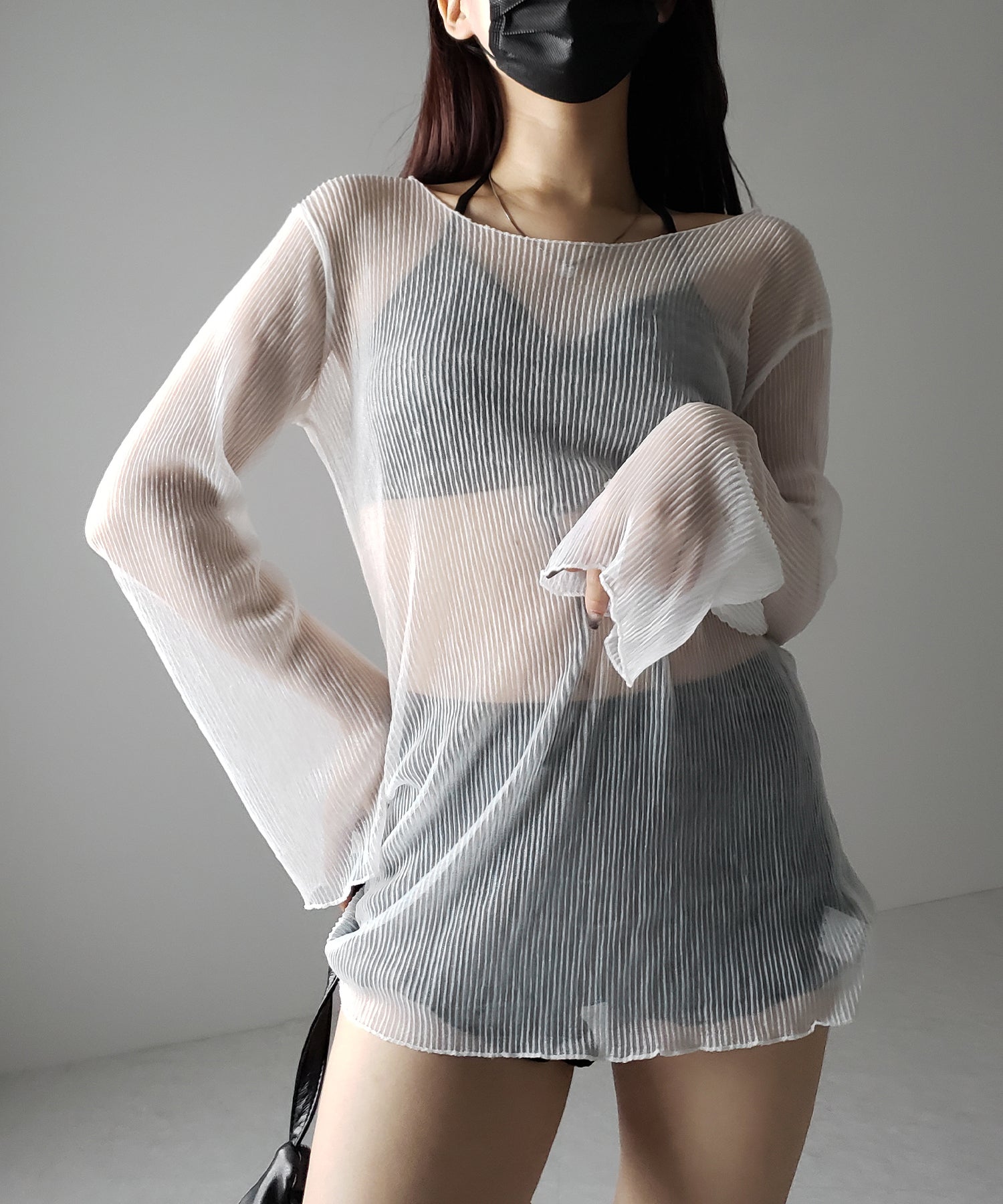 【 レディース水着/3点セット 】シアートップス付き フロントリボンホルターネックハイウエストビキニ / sheer tops set front ribbon halter neck high waist bikini