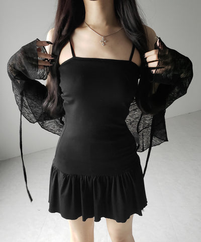 【 2点セット 】フレアキャミワンピ &シアーフリルリボンカーディガン ワンホンセットアップ / flare camisole onepiece & sheer frill ribbon cardigan wanghong SETUP