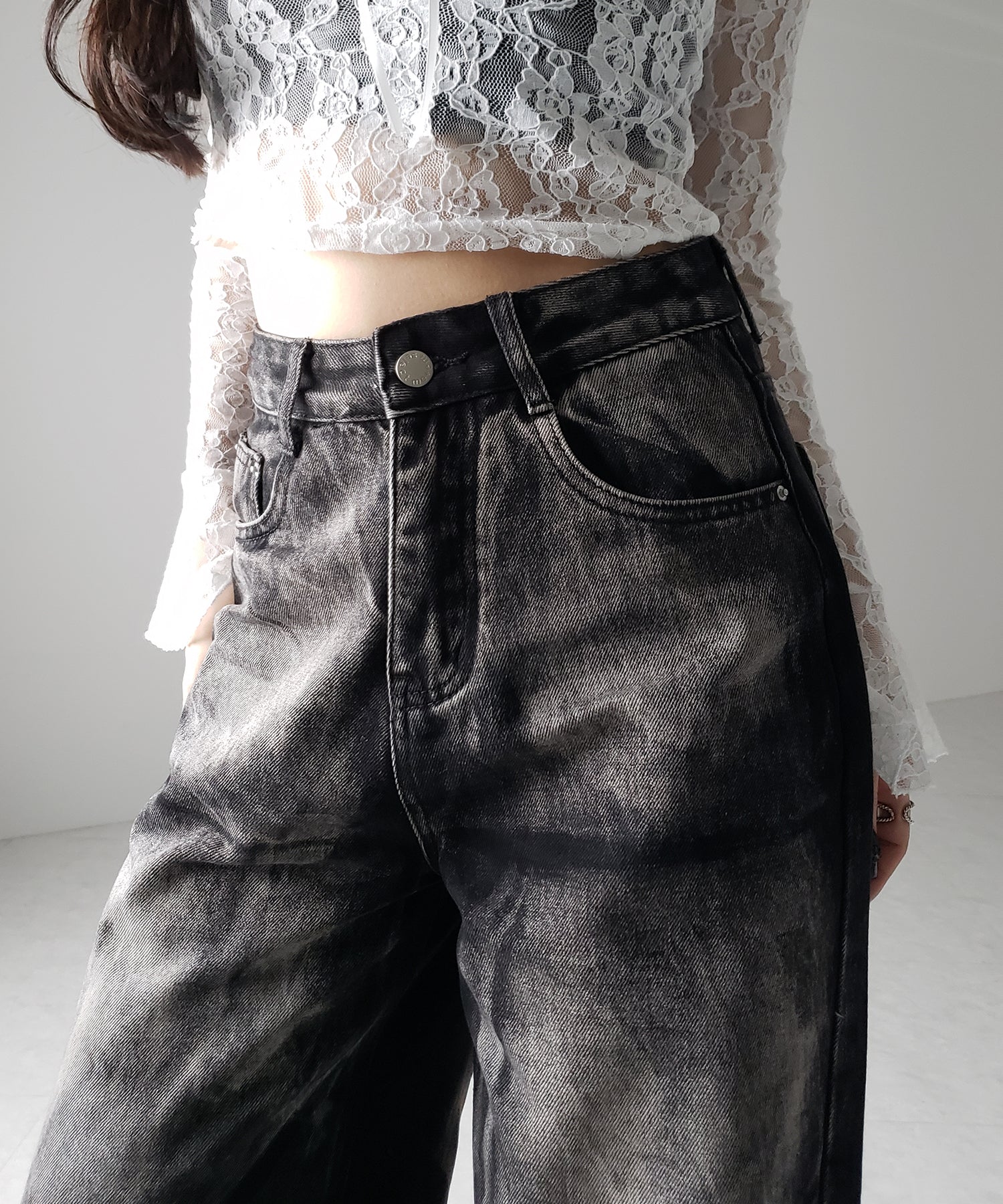 【 4size 】CRACKクラッシュヘビーブリーチブラックワイドデニム / CRACK crash heavy bleach black wide denim