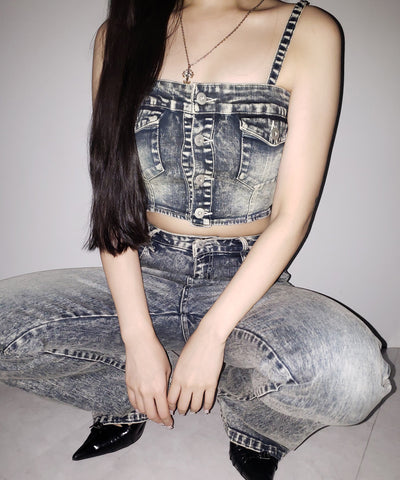 【 セットアップ 】ヴィンテージライクデニムビスチェ + ストレッチフレアデニム SET / 【 SET UP 】 vintage like denim bustier + stretch flare denim