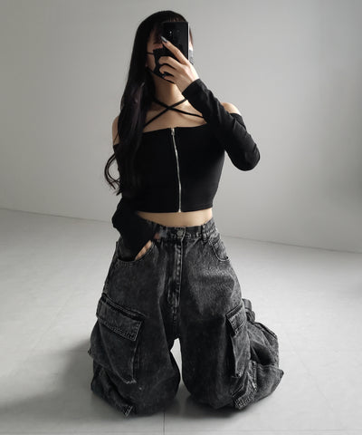 【 カップ付 】フロントジップクロスストラップオフショルトップス / front zip cross straps off-shoulder tops