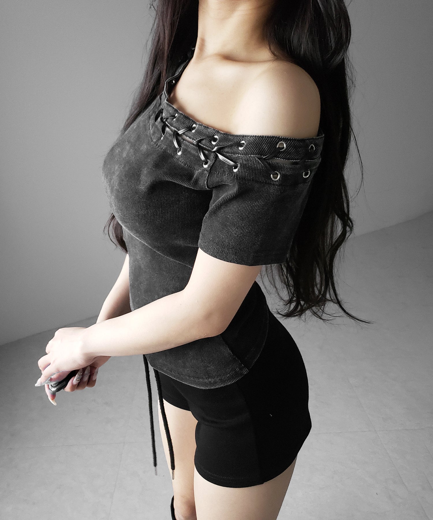 ヴィンテージカットアウトレースアップ半袖ワンショルリブトップス / vintage cutout laceup short sleeve one shoulder lib tops