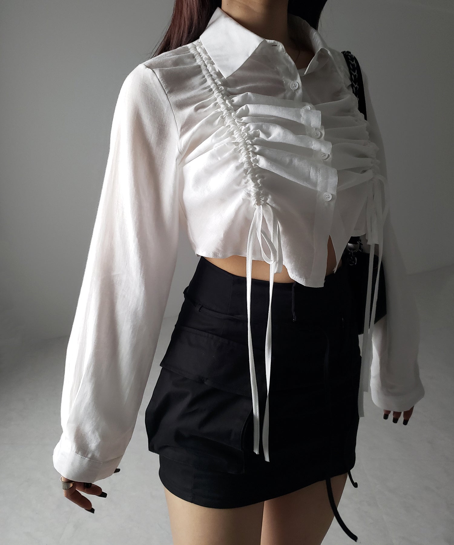 【 3color 】ダブルリボンシャーリングショートシアーシャツ / double shirring ribbon short sheer shirts