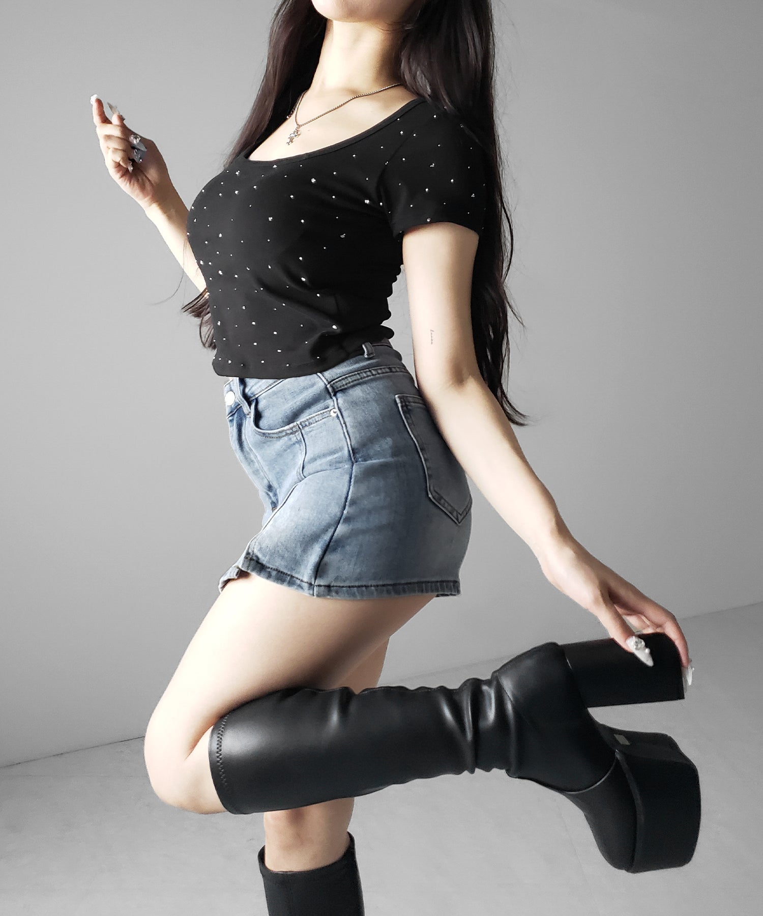 ミニスリットストレッチレイヤードデニムミニスカパン / mini slit stretch layered denim mini skirt pants
