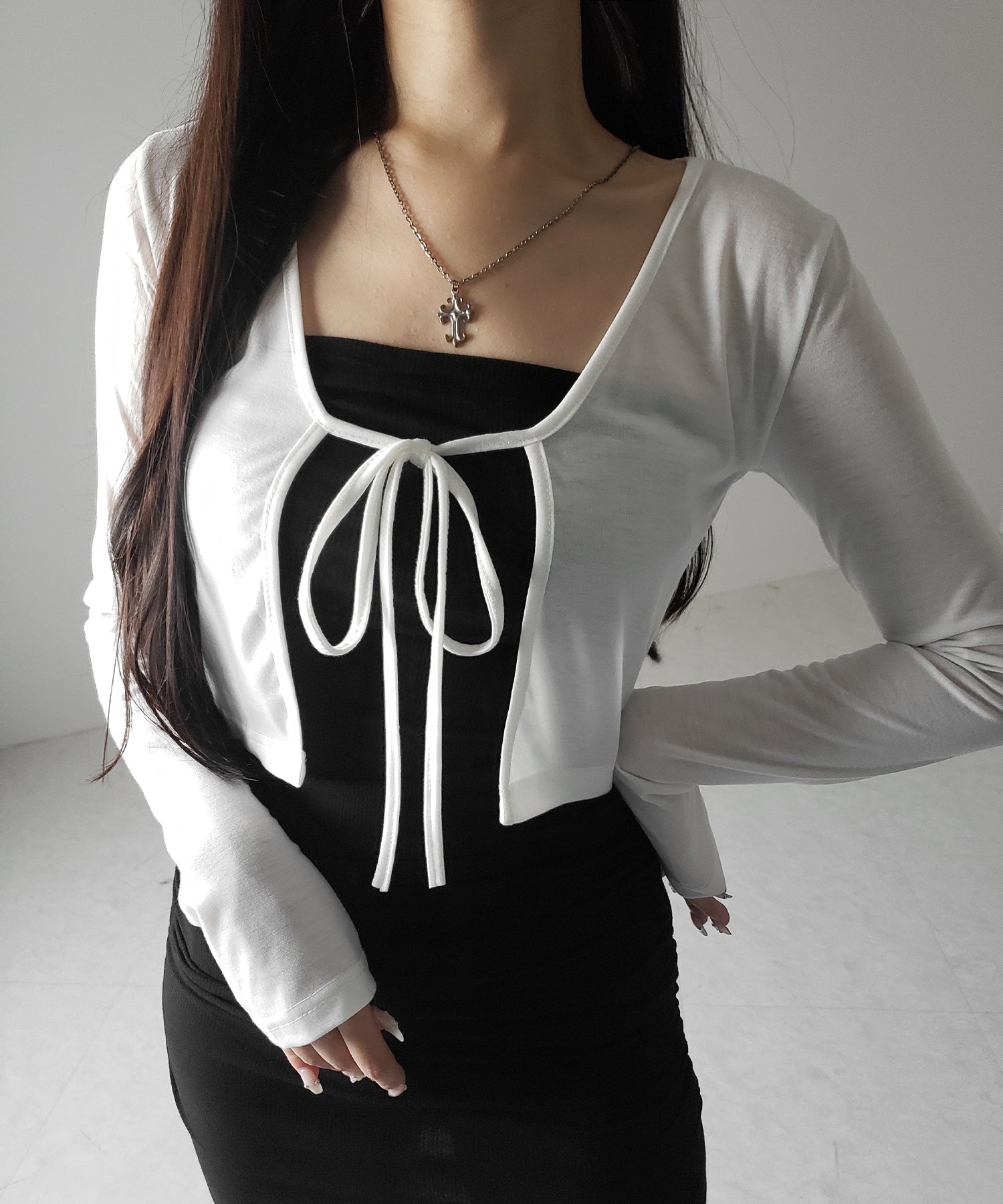【 2color 】フロントリボンカットソーショートカーディガン / front ribbon cutsew short cardigan