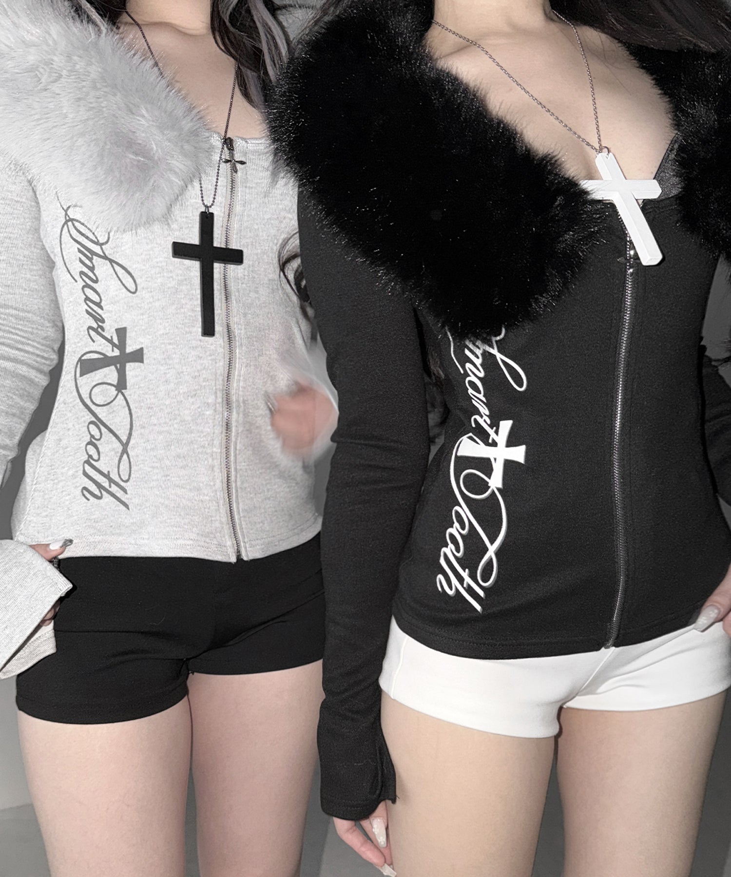 ファー襟クロスロゴジップアップリブカーディガン / fur collar cross logo zipup rib cardigan