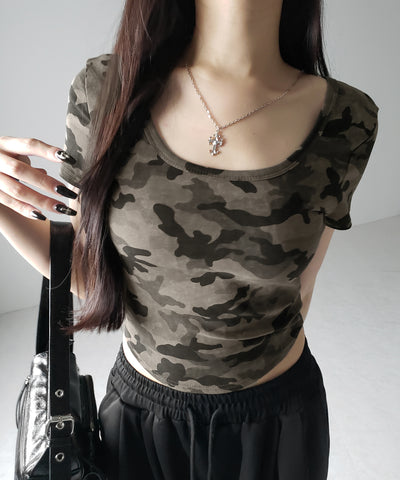 ヴィンテージカモフラスクエアネックショートTシャツ / vintage camouflage square neck short T-shirt