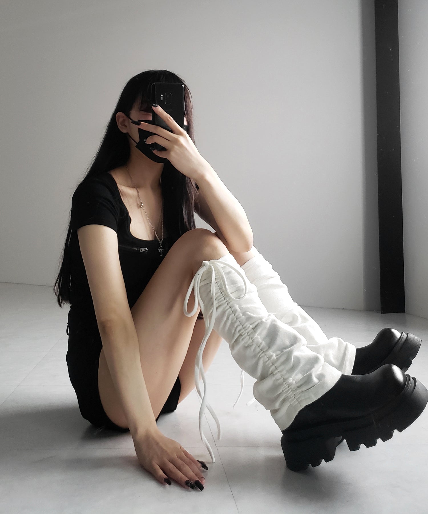 ストラップリボンサイドシャーリングレッグカバー / strap ribbon side shirring leg cover