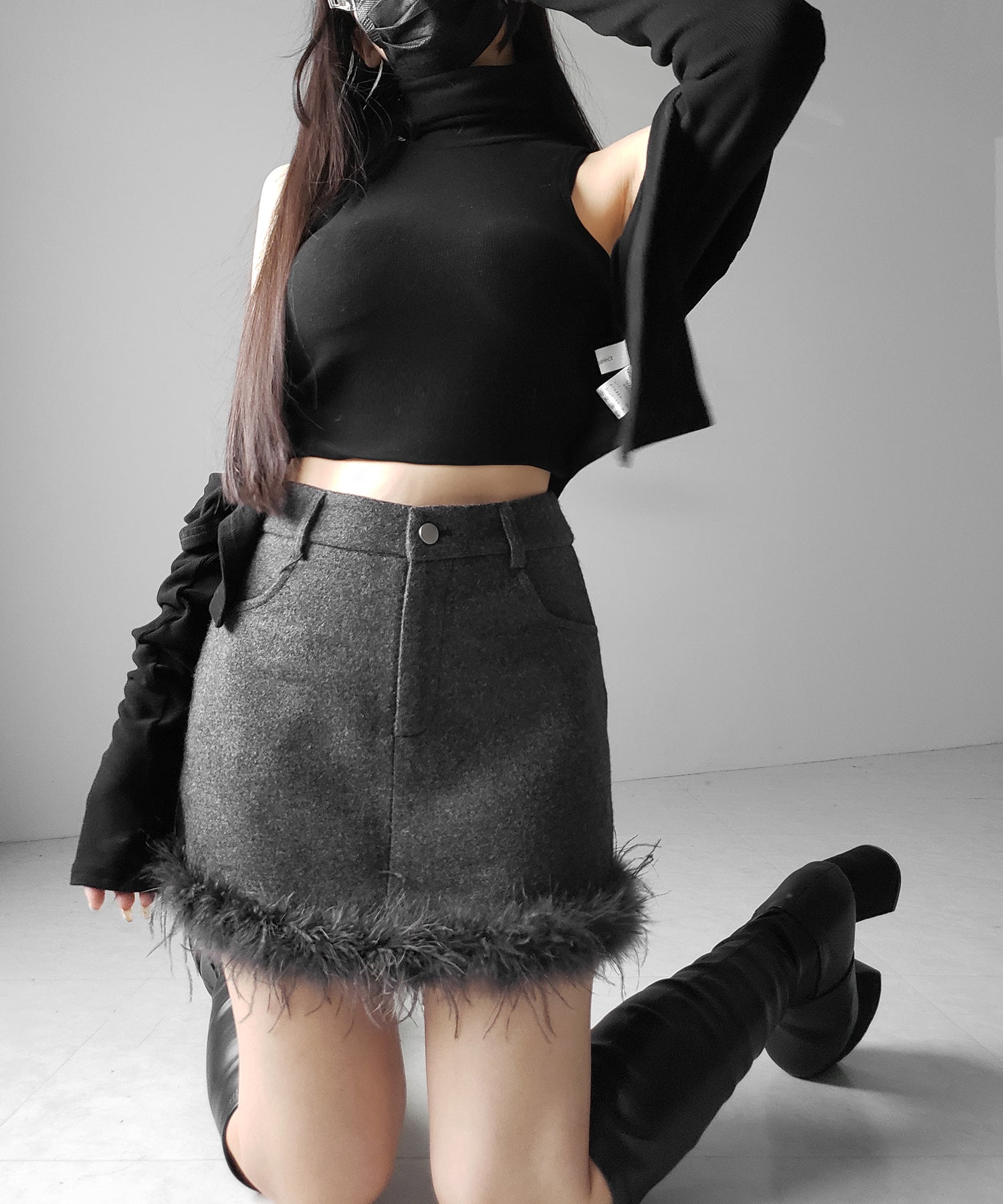【 インナーパンツ裏地付 】ファードッキングウールライクレディミニスカート / fur docking woollike lady mini skirt