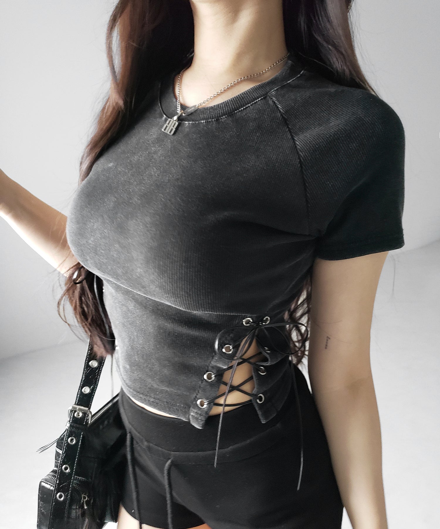 ヴィンテージサイドレースアップカットアウト半袖ショートTシャツ / vintage side lace up cutout short short sleeve T-shirts