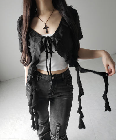 ダメージフリル半袖ショートリボンカーディガン / damage frill short sleeve short ribbon cardigan