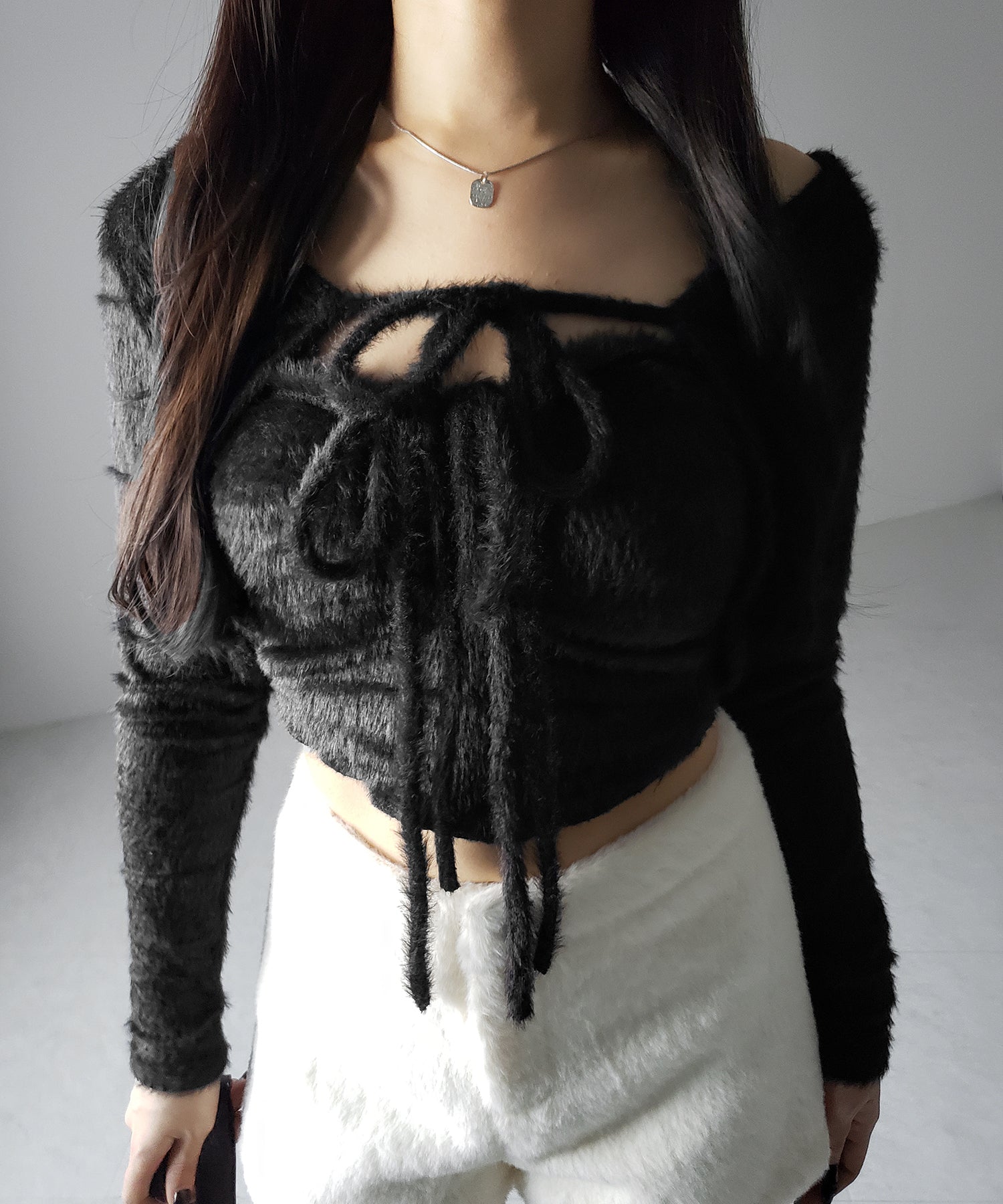 【 2点セット 】シャギーリボンベアトップス & ショートシャギーカーディガン SET / Shaggy ribbon bare tops & short shaggy cardigan