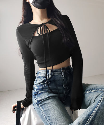 【 2WAY / 裏起毛 】フロントリボンカットアウトドッキングショートトップス / front ribbon cutout docking short tops