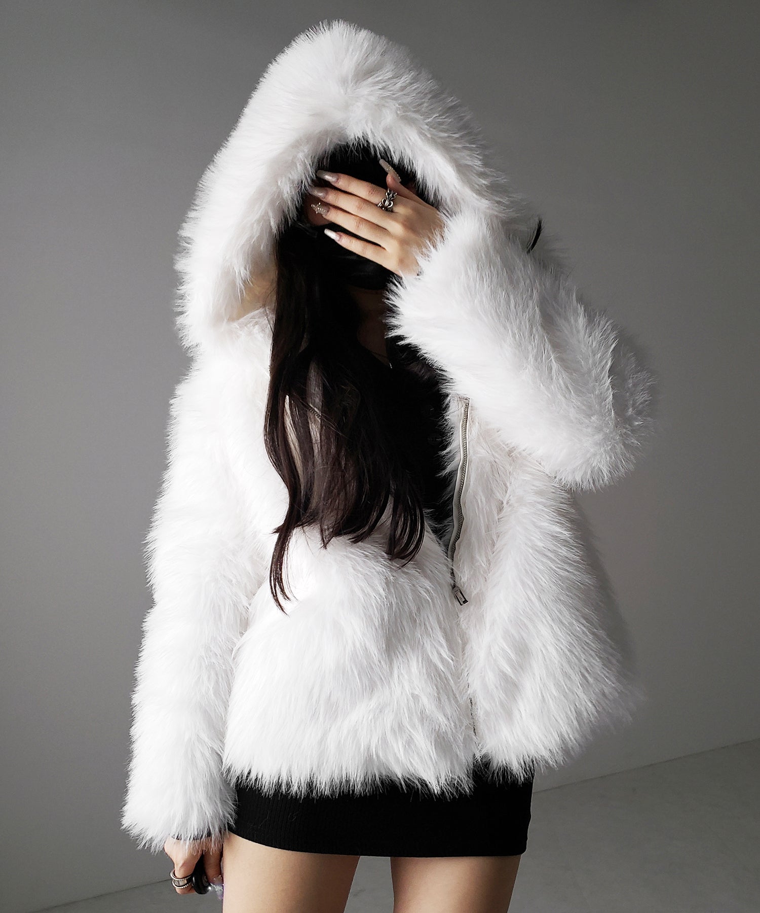 フェイクファーフーディミドルコート / fake fur hoodie middle coat