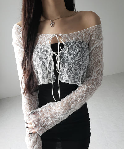 ダブルストラップリボンショートレースカーディガン /double strap ribbon short lace cardigan