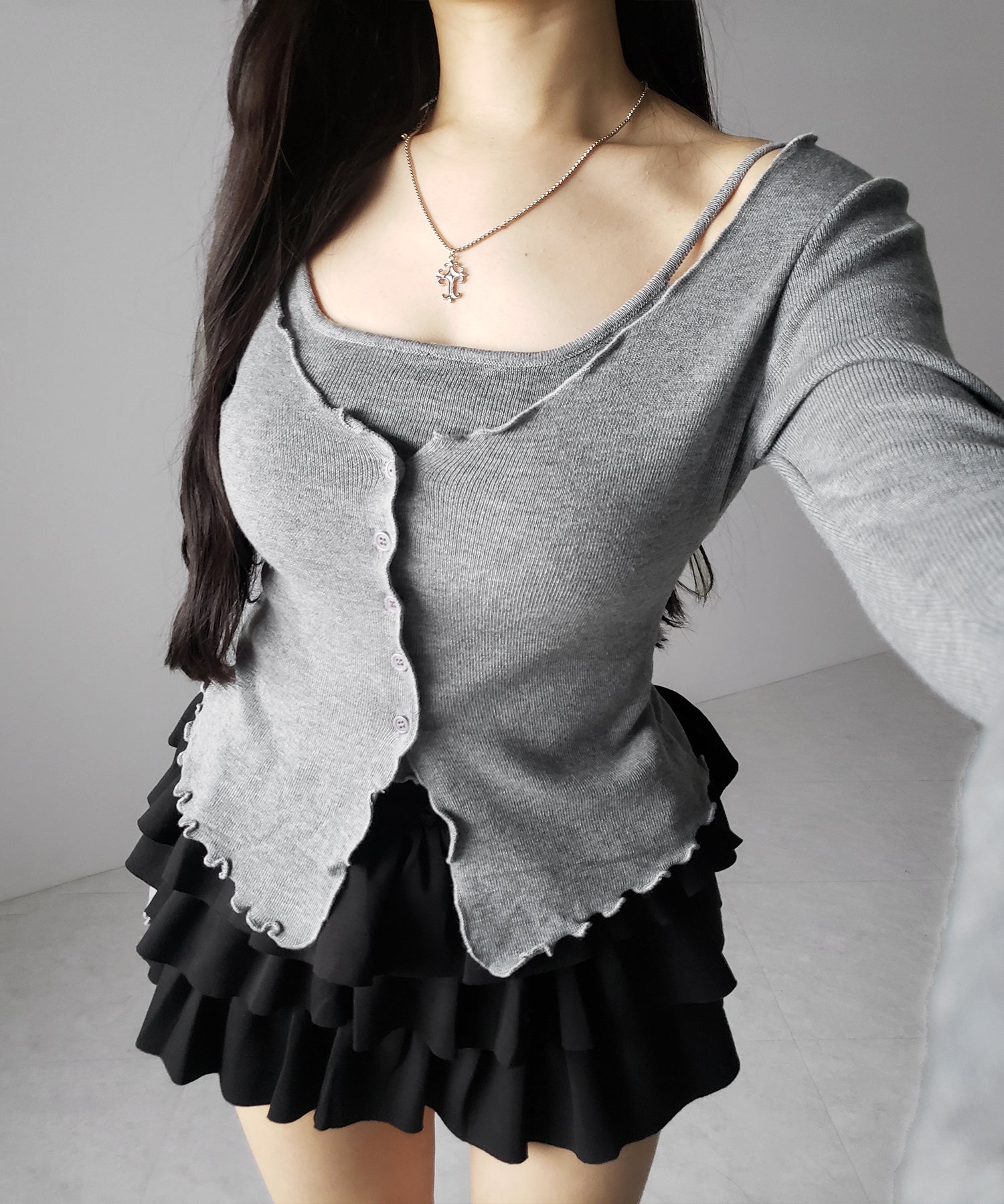 レイヤード風メロースリムニットカーディガン / layered mellow slim knit cardigan