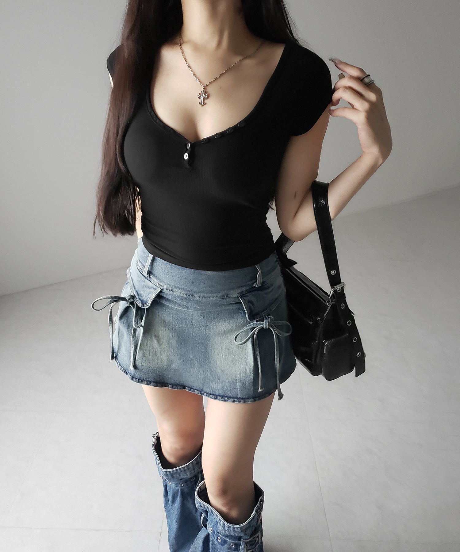 【 2color / 3size 】ヴィンテージライクリボンデニムミニスカパン / vintage like ribbon denim mini skirt pants