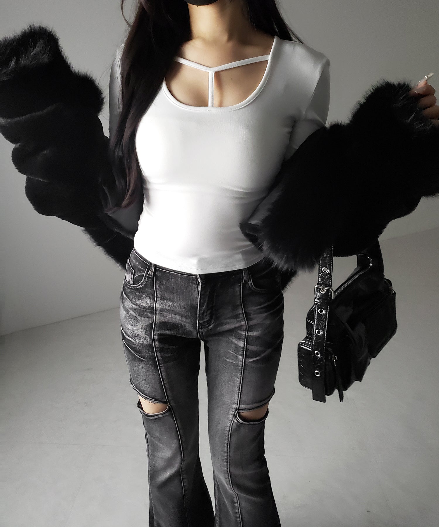 【 裏起毛 】カットアウトストラップスリムカットソートップス / cutout strap slim cutsew tops