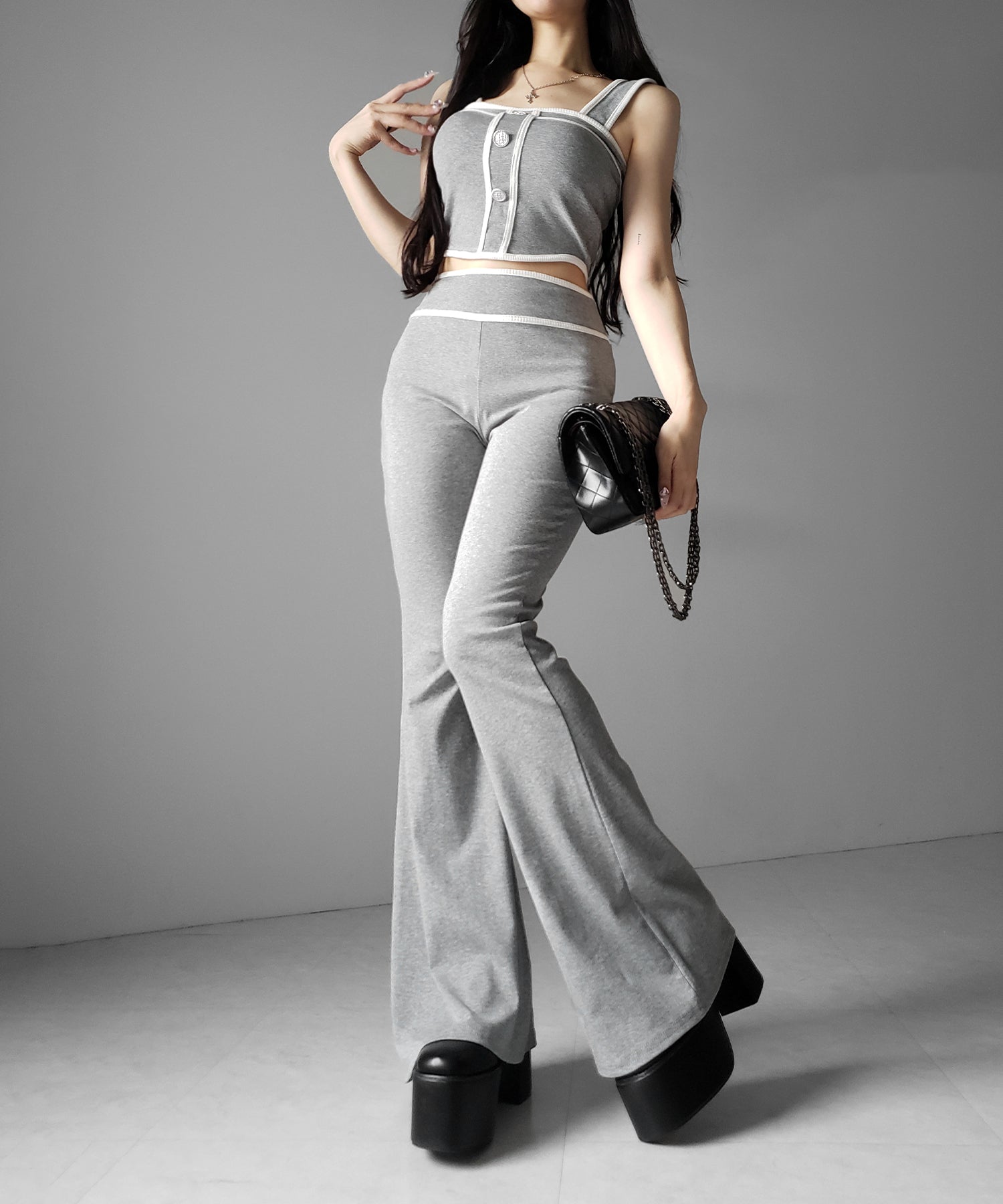【 セットアップ】フロントボタンパイピングビスチェ+ フレアパンツ SET / 【 SETUP 】front button piping buister + flare pants SET