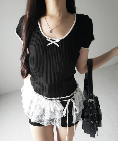 ミニリボンオープンネック半袖ニットトップス / mini ribbon open neck short sleeve knit tops