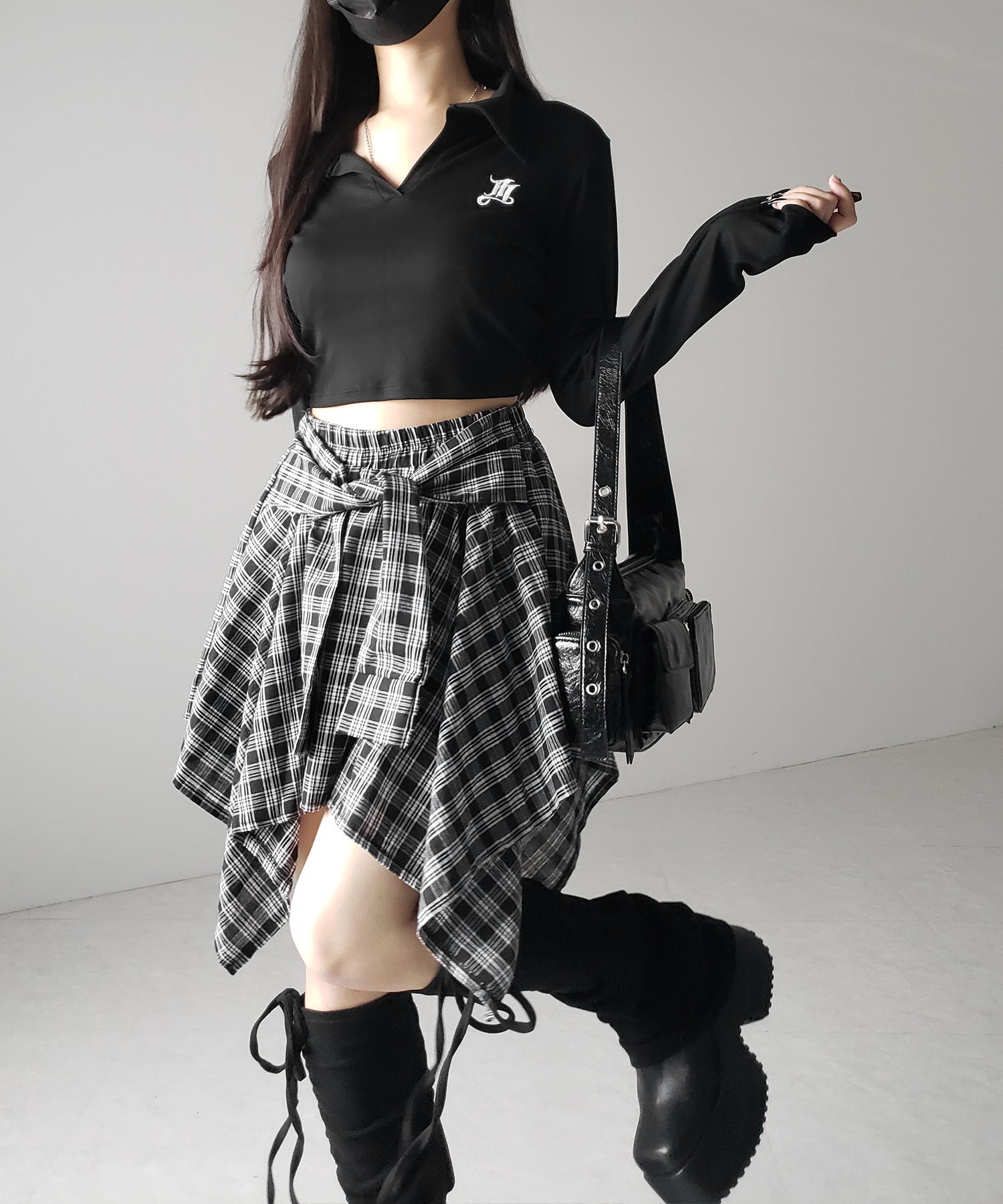 【 選べる2素材/インナーパンツ裏地付 】シャツレイヤードチェックミニスカート / shirt layered check mini skirt