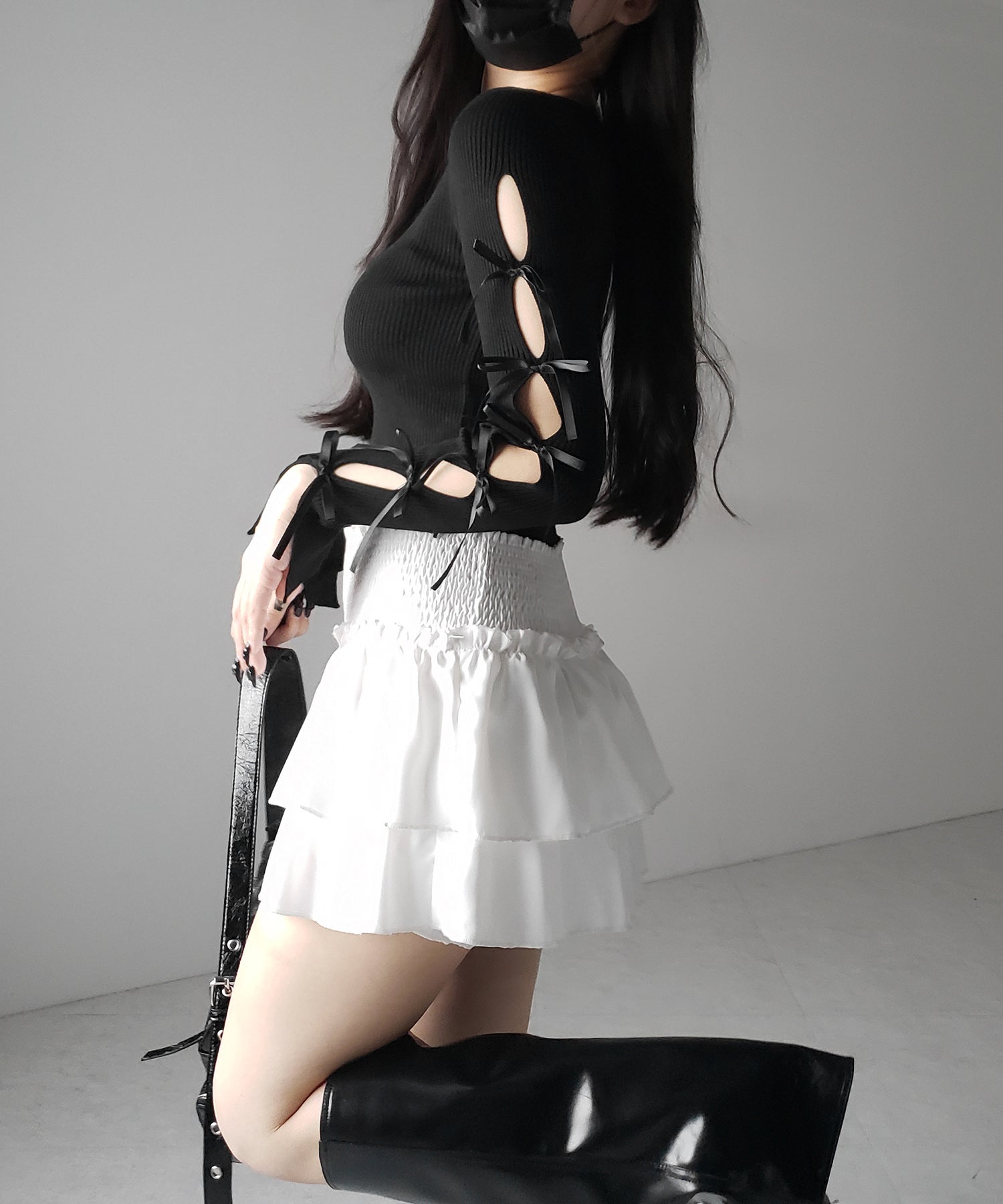 【 2color 】カットアウトリボンショートリブニット / cut out ribbon short rib knit