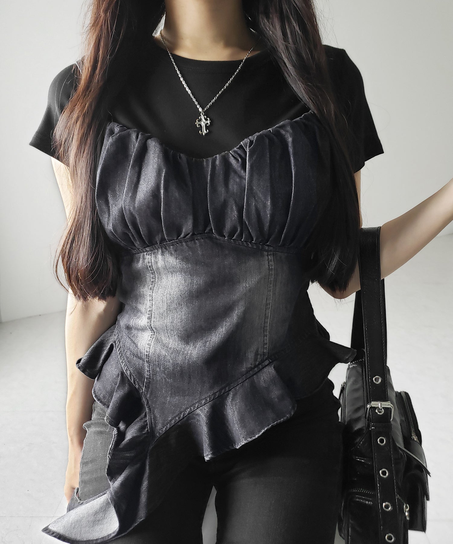 【 2点セット 】ヴィンテージデニムビスチェ & 半袖レイヤードTシャツセット / vintage denim bustier & short sleeve layered T-shirts set