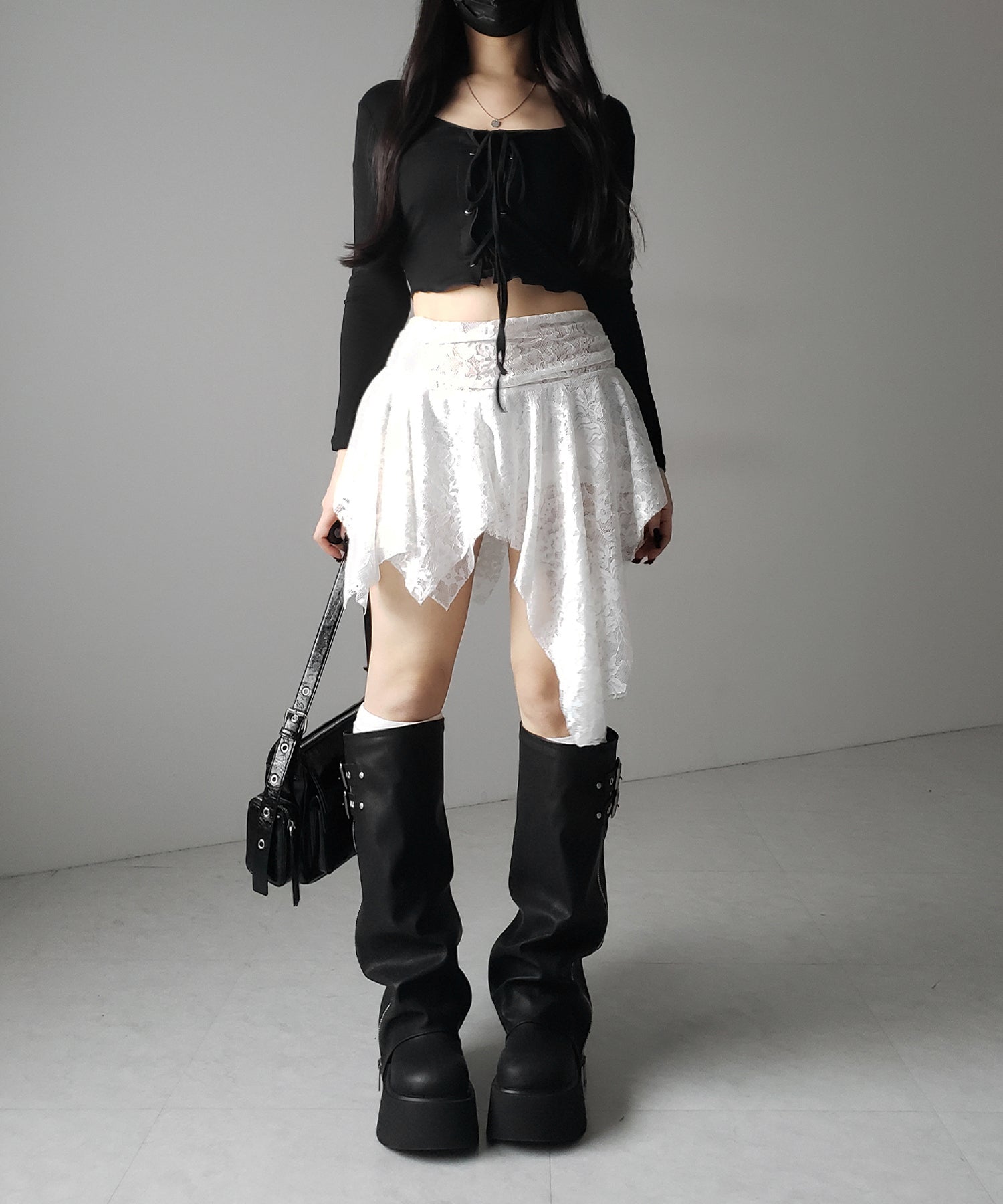【 2color / インパン裏地付】アシンメトリーフリルレースミニスカート / asymmetry frill lace mini skirt