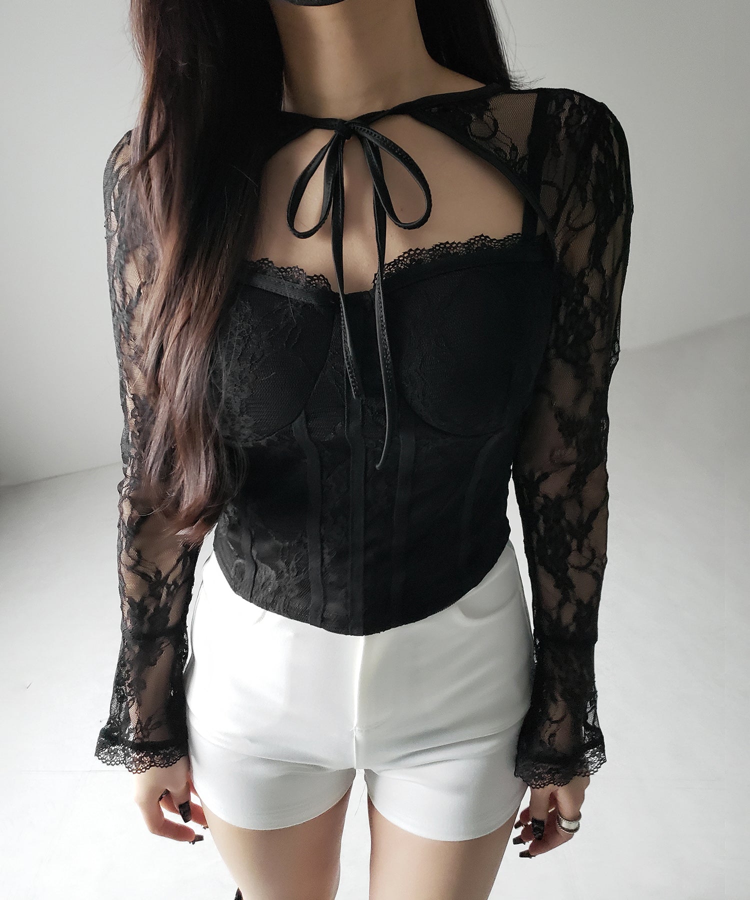 【 2color 】チョーカーネックリボンコルセットレーストップス / choker neck ribbon corset lace tops
