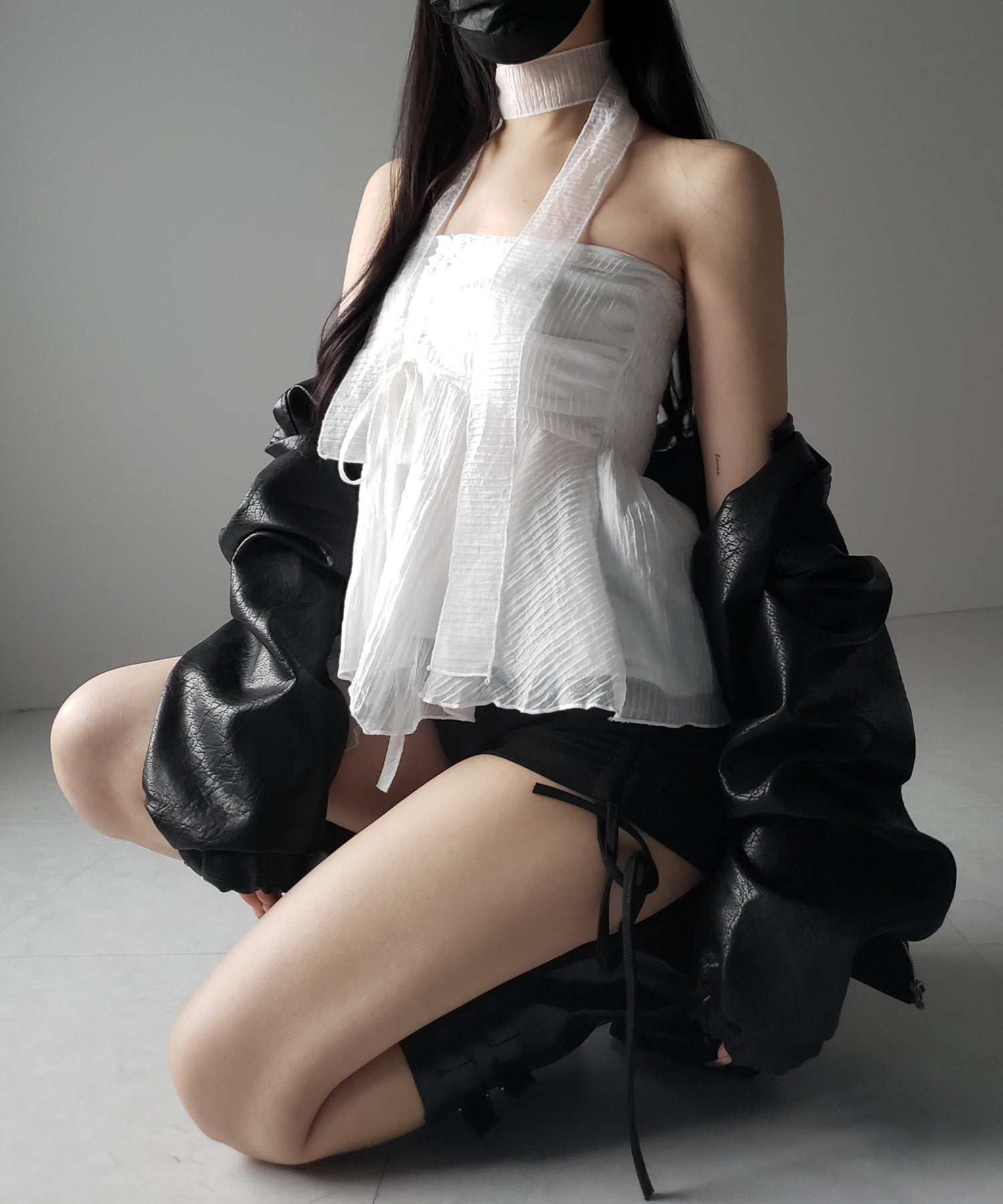【 チョーカータイ付 】シャーリングリボンペプラムシフォンビスチェトップス / choker tie set shirring ribbon peplum chiffon bustier tops