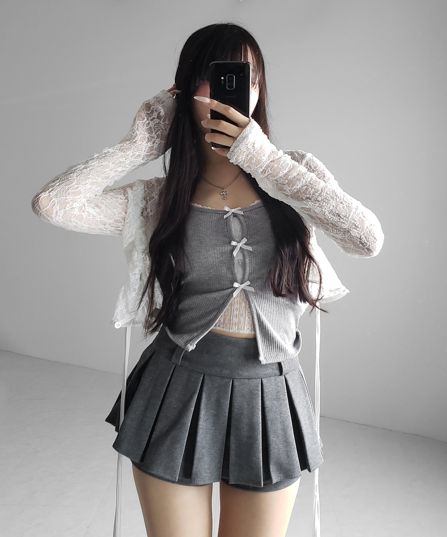 フロントリボンレースレイヤードリブキャミソール /Front ribbon lace layered ribbed camisole