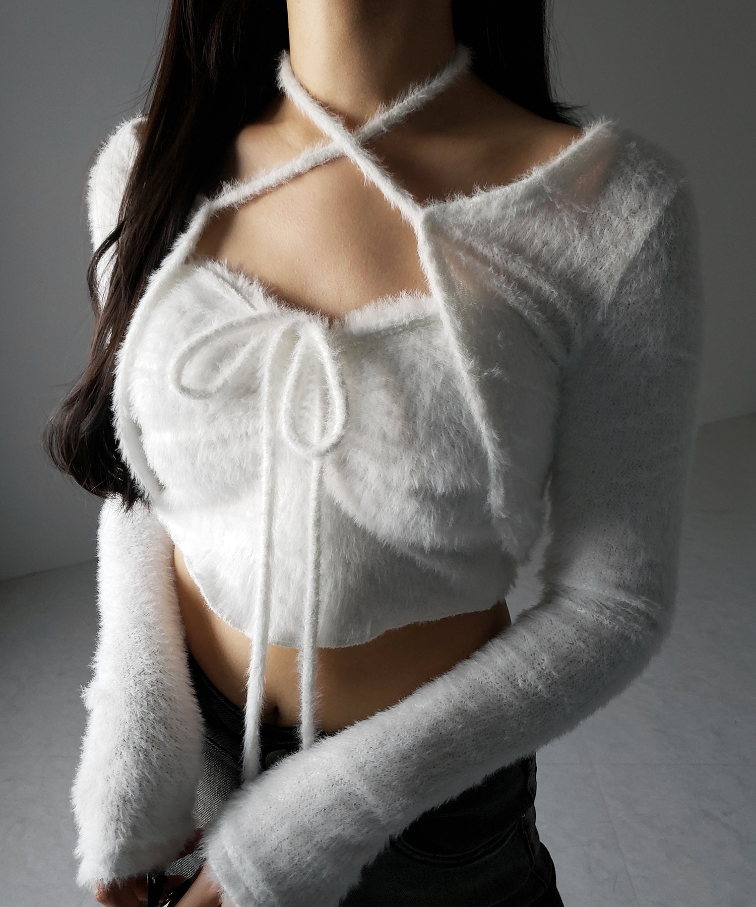 【 2点セット 】シャギーリボンベアトップス & ショートシャギーカーディガン SET / Shaggy ribbon bare tops & short shaggy cardigan