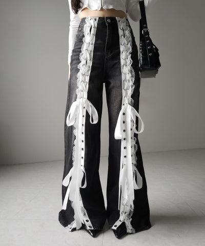 サテンリボンレースアップワイドデニムパンツ / satin ribbon lace up wide denim pants