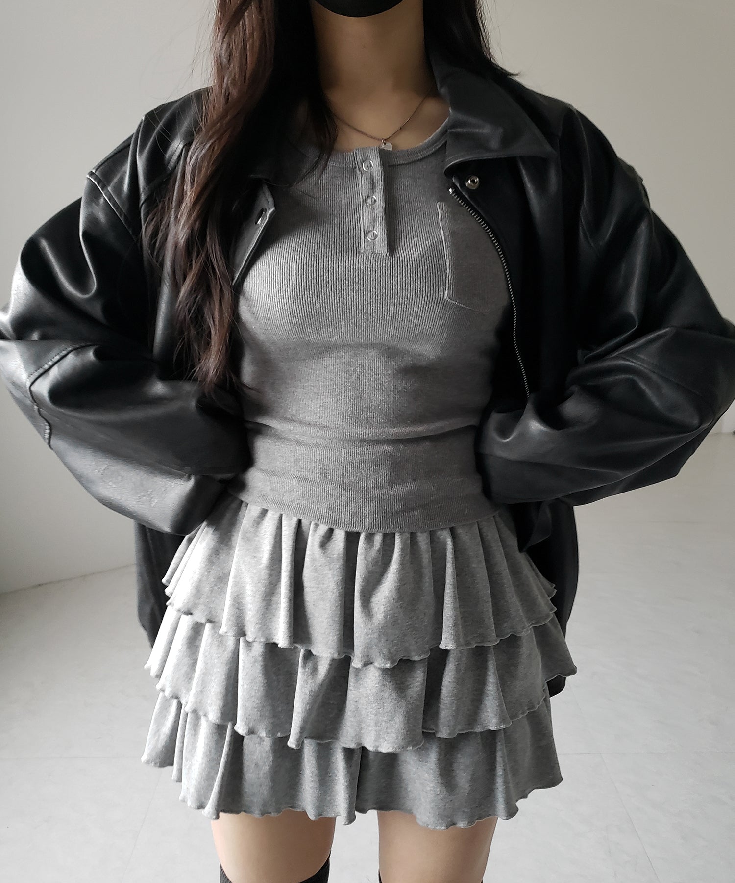 【 新色ピンク追加!4color 】3段フリルカットソーミニスカパン / 3 frill cutsew mini skirt pants
