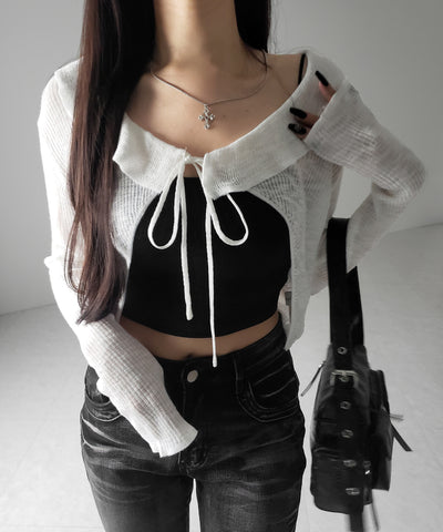 【 2color 】襟付きフロントリボンシアーニットショートカーディガン / collar front ribbon sheer knit short cardigan