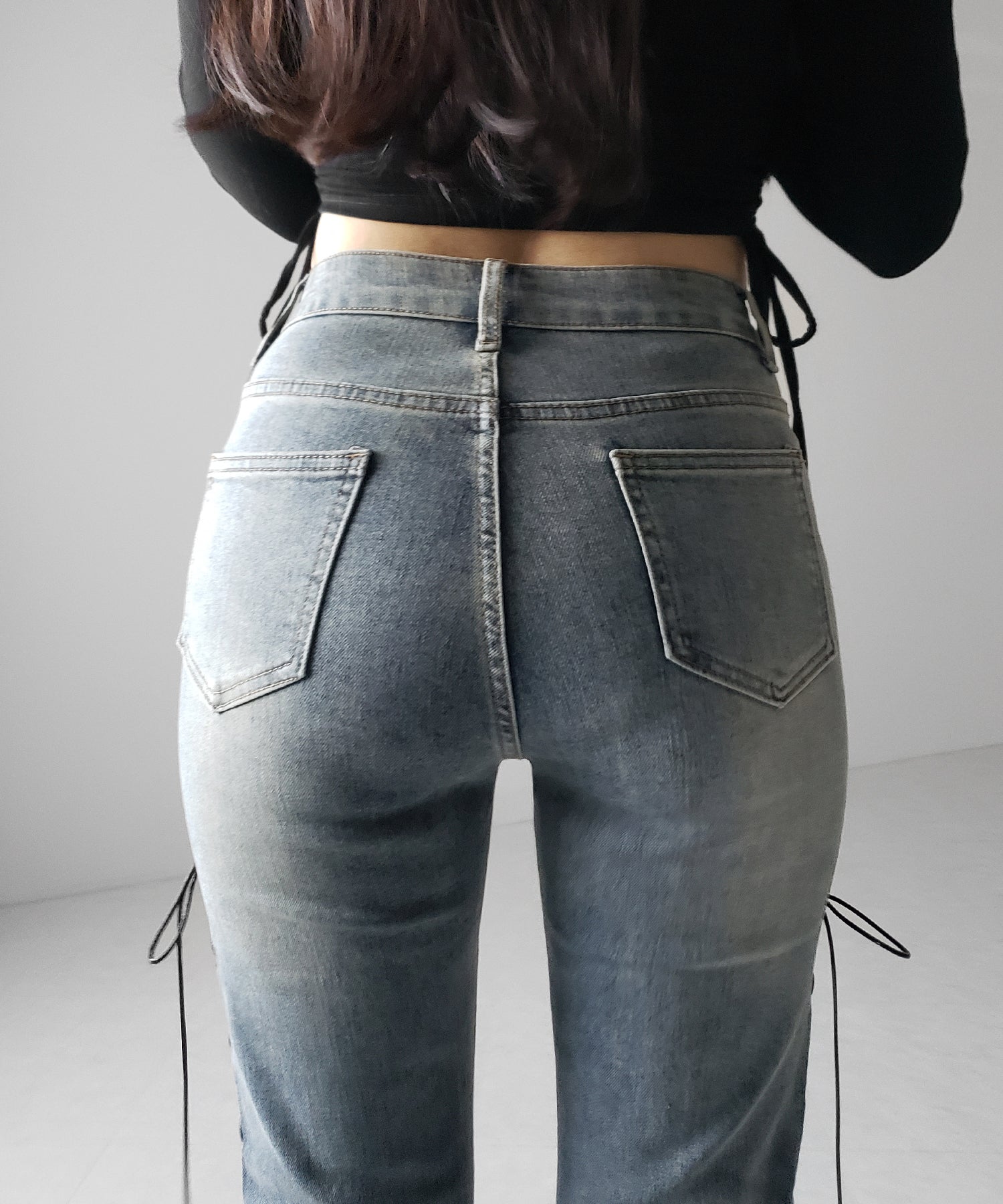 レースアップカットアウトストレッチフレアデニム / lace up cutout stretch flare denim