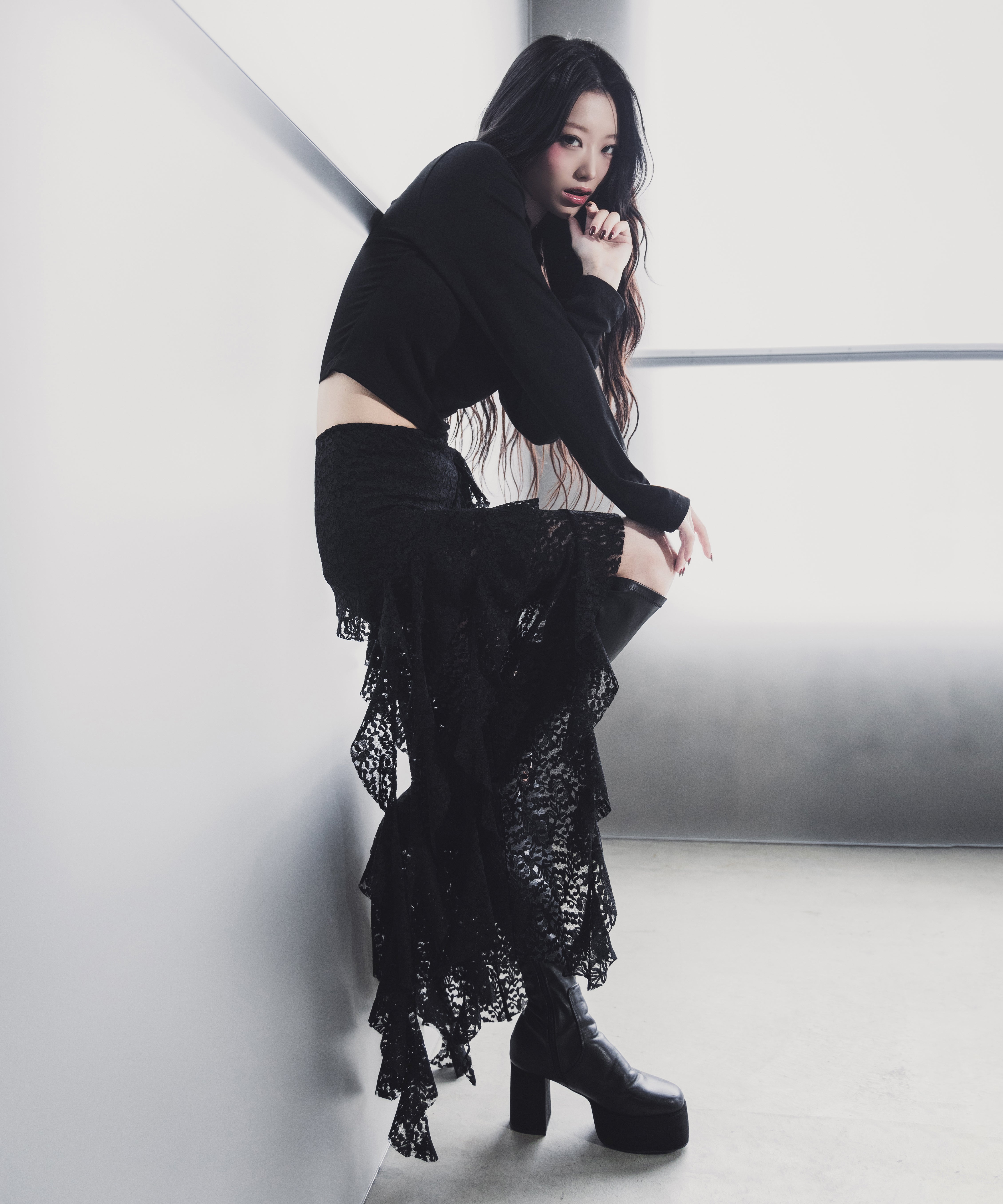 【 裏地付 】アシンメトリーフリルレーススリットロングスカート / asymmetry frill lace slit long skirt