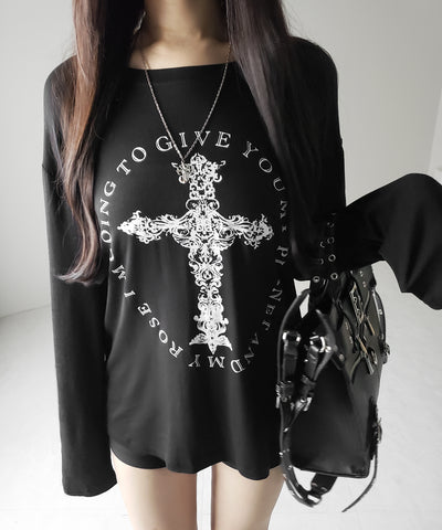 【 ワンショルにできる2way 】クロスロゴプリントワンショルルーズシアーTシャツ / 2WAY cross logo print one shoulder loose sheer T-shirt