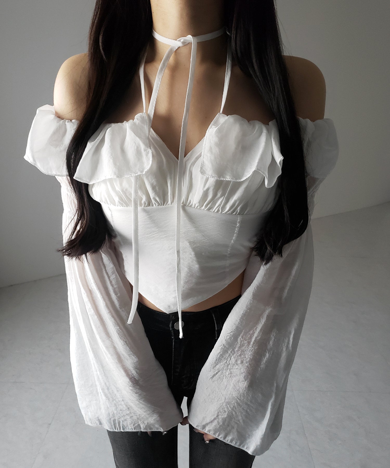 【3WAY 】チョーカーリボンフレアスリーブオフショルブラウス / choker ribbon flare sleeve off-shoulder blouse