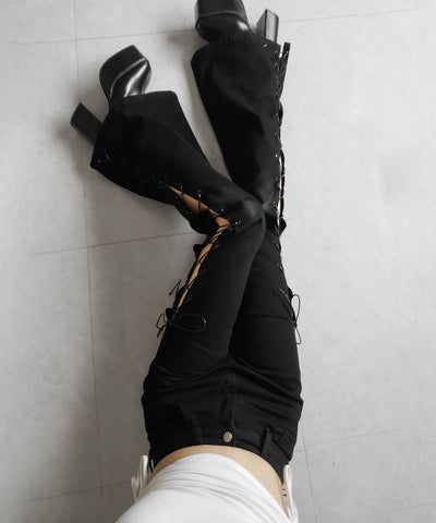 レースアップカットアウトストレッチフレアデニム / lace up cutout stretch flare denim
