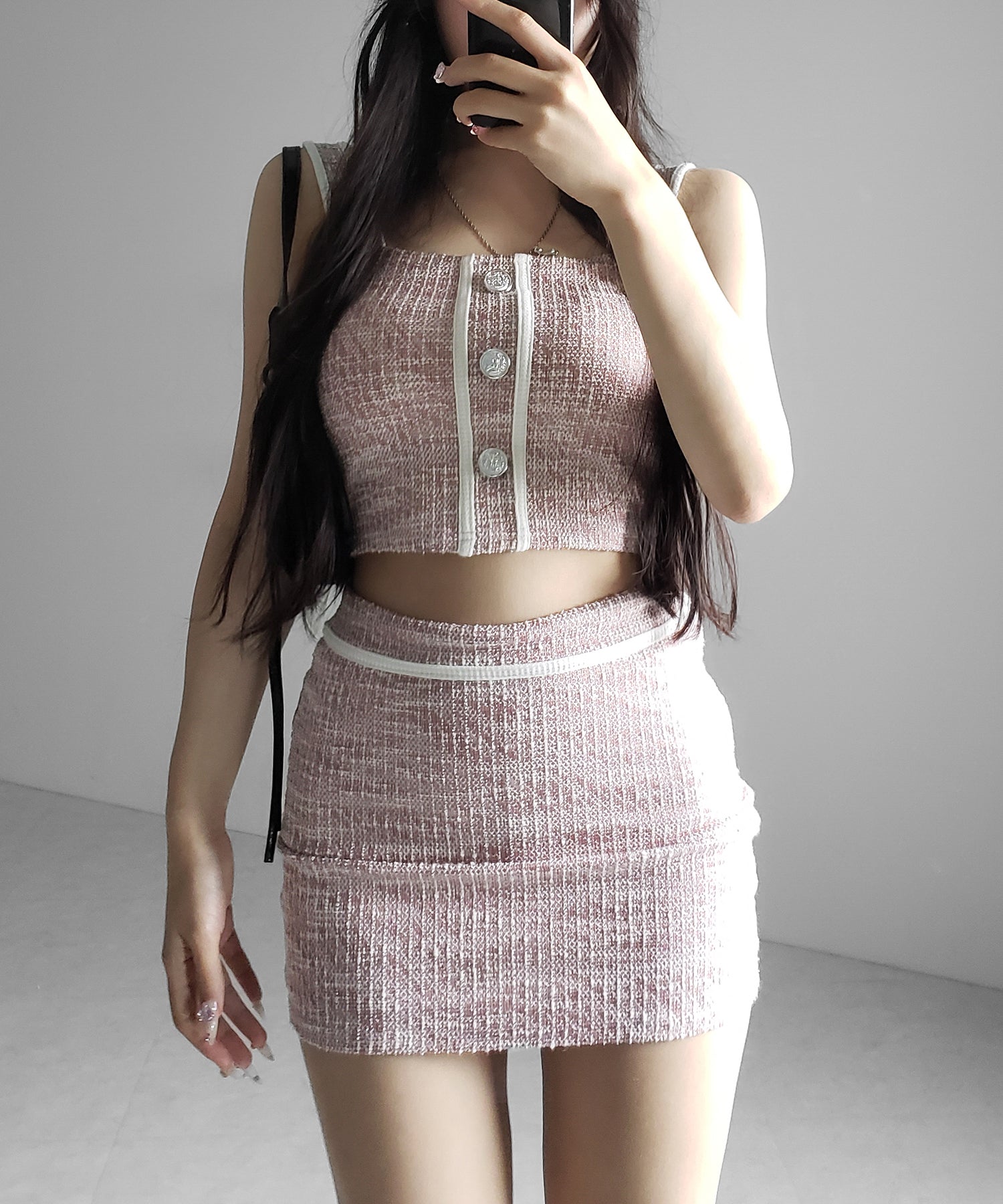 【 セットアップ】ツイードボタンショートビスチェ + ミニスカート SET / 【 SETUP 】tweed button short buister + mini skirt SET