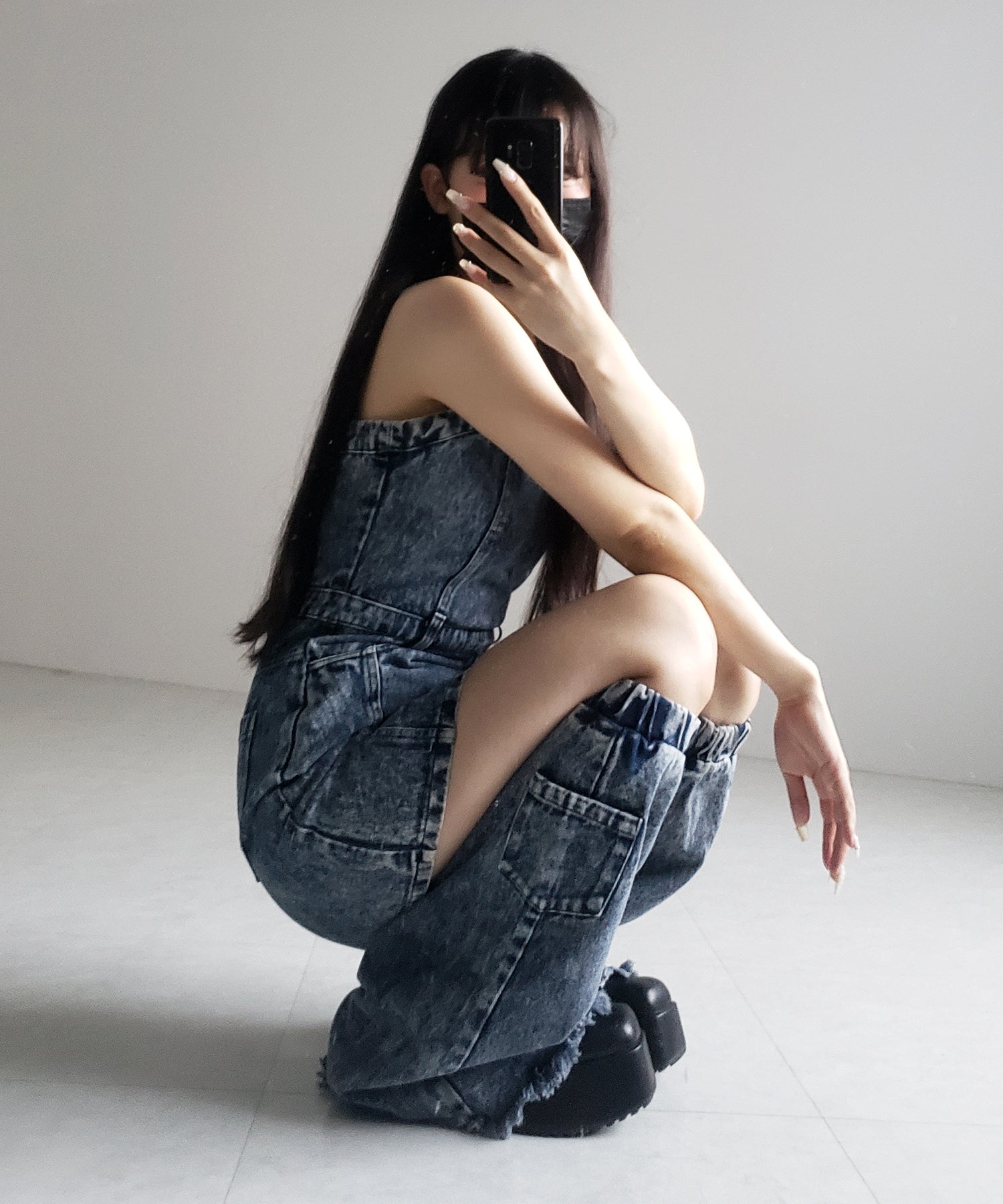 【 セットアップ着用可能 】ヴィンテージケミカルブリーチストラップデニムキャミワンピース / vintage chemical bleach strap denim cami onepiece